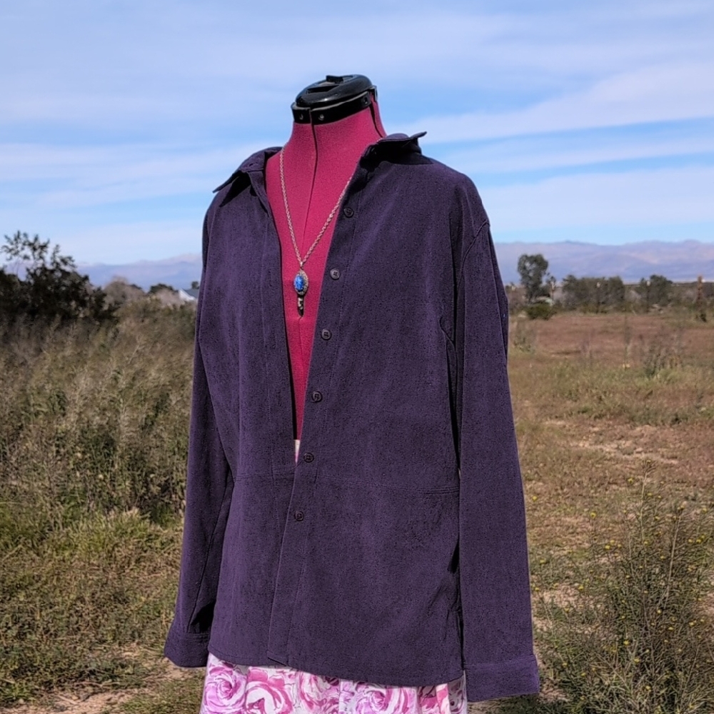 Deep Eggplant Purple Oversized Long Button up Shirt by Cascade sz M